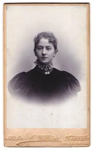 Fotografie D. Wettern, Hamburg, Gr. Theaterstr. 22, Portrait bildschönes Fräulein mit elegantem Rüschenkragen