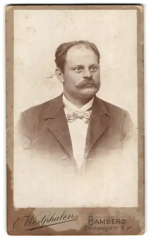 Fotografie E. Westphalen, Bamberg, Steinwegstr. 6, Portrait stattlicher Herr mit Schnurrbart im Jackett