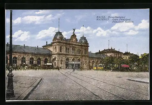 AK Mainz, eine Strassenbahn vor dem Hauptbahnhof