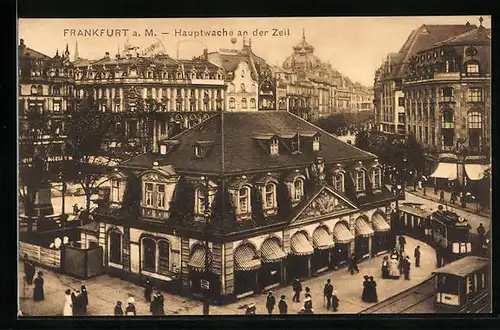 AK Frankfurt am Main, Hauptwache und Zeil, Strassenbahnen davor