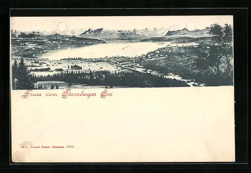 AK Starnberg, Panoramaansicht der Stadt mit dem Starnberger See und dem Gebirge dahinter