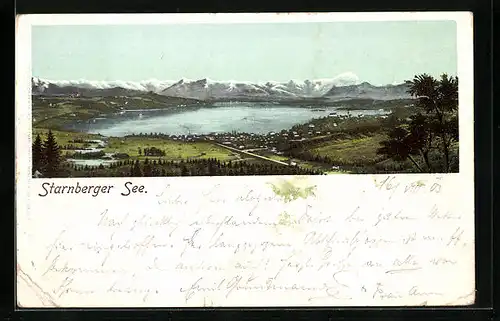 Lithographie Starnberg, Landschaftspanorama mit dem Starnberger See und den Alpen dahinter