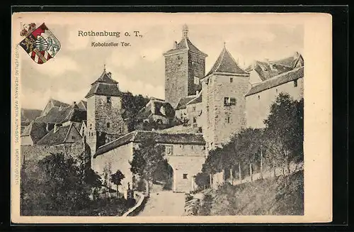 Präge-AK Rothenburg o. T., auf der Strasse durch das Kobolzeller Tor, das Wappen