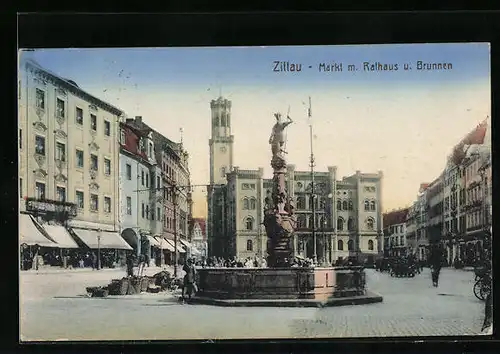 AK Zittau, Markt mit Rathaus und Brunnen