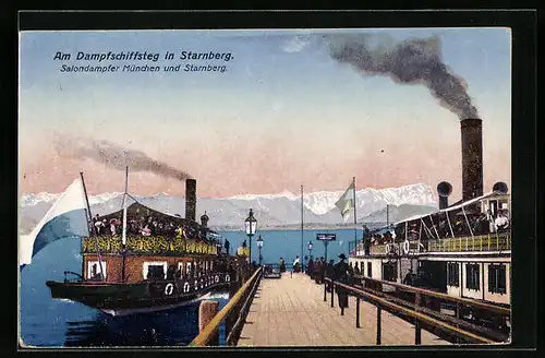 AK Starnberg, Salondampfer München und Starnberg auf dem Bootssteg des Starnberger See