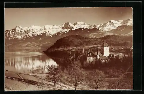 AK Spiez, Blick auf das Schloss und die Berge