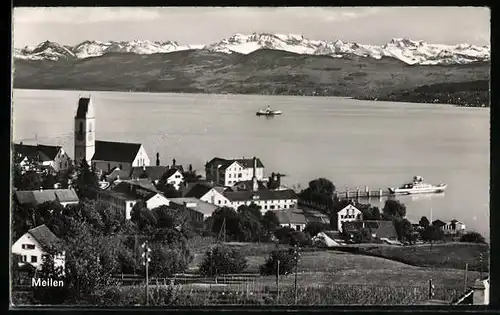 AK Meilen, Ortstotale am Zürichsee mit Alpenpanorama