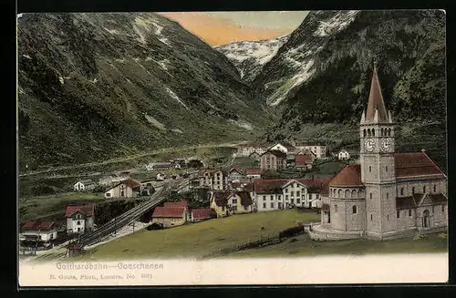 AK Goeschenen, an der Kirche, Blick zum Bahnhof der Gotthardbahn
