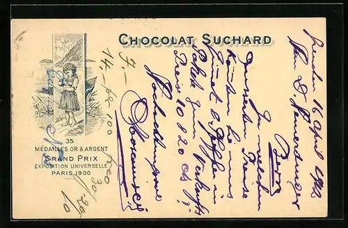 AK Reklame für Chocolat Suchard, Mädchen nascht Schokolade aus einer Schachtel, Grand Prix Paris 1900, Ganzsache