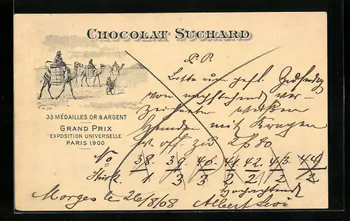 AK Reklame für Chocolat Suchard, Kamele transportieren Schokoladenkisten, Grand Prix Paris 1900, Ganzsache