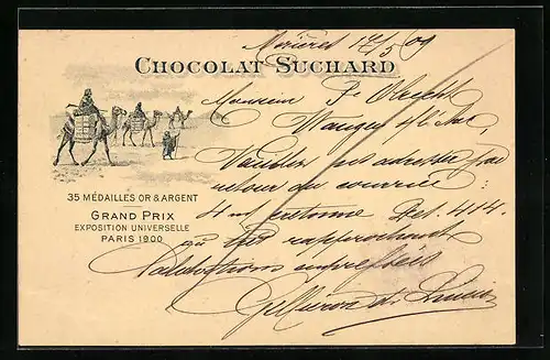AK Reklame für Chocolat Suchard, Kamele transportieren Schokoladenkisten, Grand Prix Paris 1900, Ganzsache