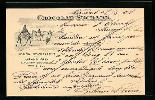 AK Reklame für Chocolat Suchard, Kamele transportieren Schokoladenkisten, Grand Prix Paris 1900, Ganzsache