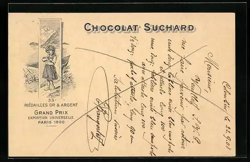 AK Reklame für Chocolat Suchard, Mädchen nascht Schokolade aus einer Schachtel, Grand Prix Paris 1900, Ganzsache