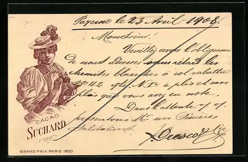 AK Reklame für Cacao Suchard, elegant gekleidetes Fräulein trinkt Kakao, Grand Prix Paris 1900, Ganzsache