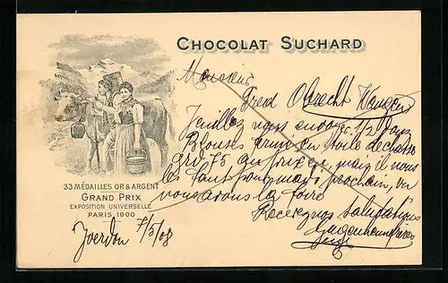 AK Reklame für Chocolat Suchard, Bauernpaar mit Milchkuh, Grand Prix Paris 1900, Ganzsache