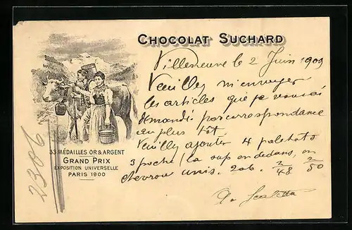 AK Reklame für Chocolat Suchard, Bauernpaar mit Milchkuh, Grand Prix Paris 1900, Ganzsache