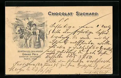 AK Reklame für Chocolat Suchard, Bauernpaar mit Milchkuh, Grand Prix Paris 1900, Ganzsache