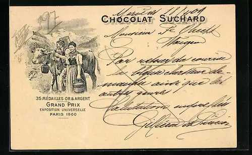 AK Reklame für Chocolat Suchard, Bauernpaar mit Milchkuh, Grand Prix Paris 1900, Ganzsache