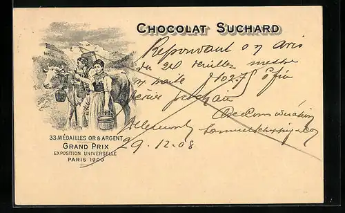 AK Reklame für Chocolat Suchard, Bauernpaar mit Milchkuh, Grand Prix Paris 1900, Ganzsache