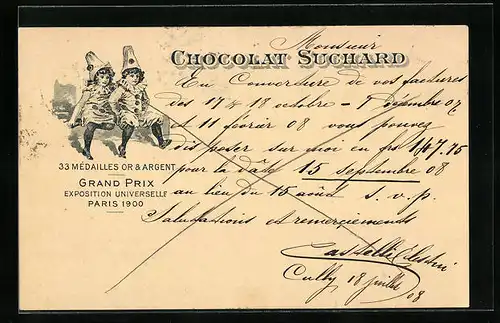 AK Reklame für Chocolat Suchard, zwei Kinder in Harlekin-Kostümen, Grand Prix Paris 1900, Ganzsache