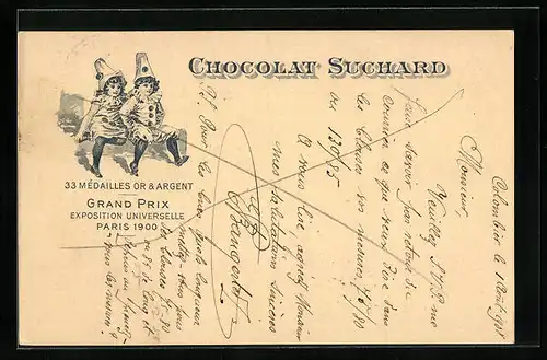 AK Reklame für Chocolat Suchard, zwei Kinder in Harlekin-Kostümen, Grand Prix Paris 1900, Ganzsache