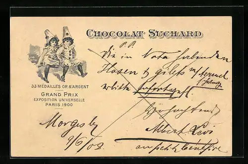 AK Reklame für Chocolat Suchard, zwei Kinder in Harlekin-Kostümen, Grand Prix Paris 1900, Ganzsache