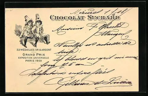 AK Reklame für Chocolat Suchard, zwei Kinder in Harlekin-Kostümen, Grand Prix Paris 1900, Ganzsache