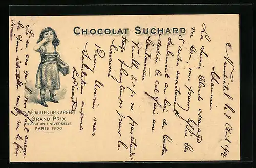 AK Reklame für Chocolat Suchard, Mädchen trägt eine Kiste Schokolade und gibt einen Handkuss, Grand Prix Paris 1900