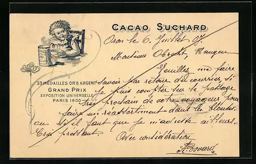 AK Reklame für Cacao Suchard, Mädchen sitzt am Tisch und trinkt Kakao, Grand Prix Paris 1900