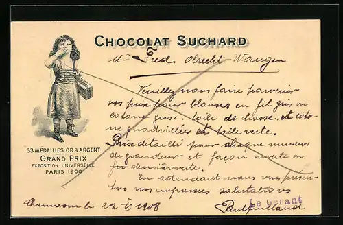 AK Reklame für Chocolat Suchard, Mädchen trägt eine Kiste Schokolade und gibt einen Handkuss, Grand Prix Paris 1900