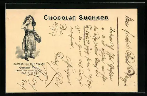 AK Reklame für Chocolat Suchard, Mädchen trägt eine Kiste Schokolade und gibt einen Handkuss, Grand Prix Paris 1900