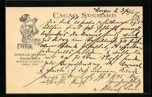 AK Reklame für Cacao Suchard, Fräulein geniesst Kakao aus einer Schale, Grand Prix Paris 1900