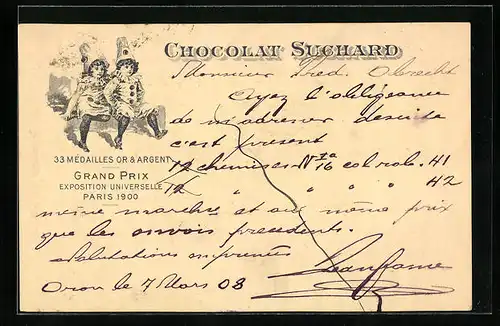 AK Reklame für Chocolat Suchard, zwei Kinder in Harlekin-Kostümen, Grand Prix Paris 1900