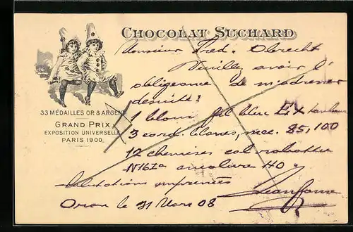AK Reklame für Chocolat Suchard, zwei Kinder in Harlekin-Kostümen, Grand Prix Paris 1900