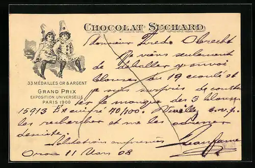AK Reklame für Chocolat Suchard, zwei Kinder in Harlekin-Kostümen, Grand Prix Paris 1900