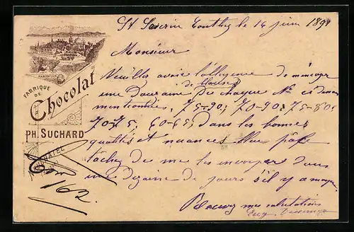 Vorläufer-AK Fabrique de Chocolat Ph. Suchard, 1891, Stadtansicht von Neuchatel, Habitation