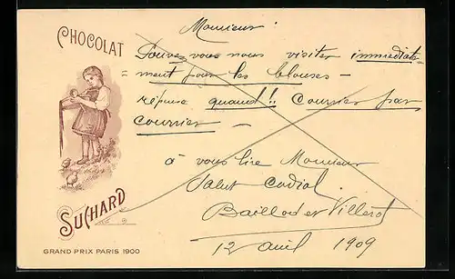 AK Chocolat Suchard, kleines Mädchen rührt in einer Schüssel Kakao an