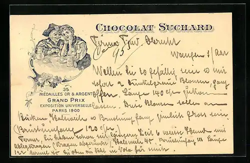 AK Chocolat Suchard, Ehepaar mit Süssem am Kaffeetisch