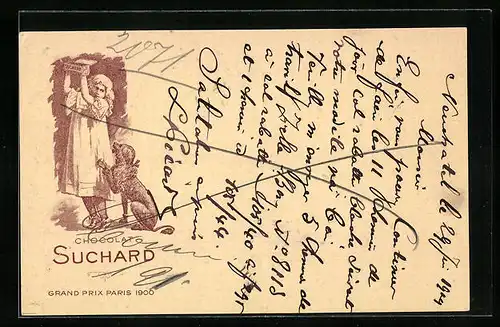 AK grosser Hund bettelt ein Mädchen um Schokolade an, Chocolat Suchard