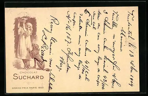 AK grosser Hund bettelt ein Mädchen um Schokolade an, Chocolat Suchard