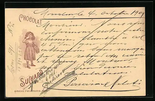 AK Chocolat Suchard, kleines Mädchen mit grosser Schachtel Schokolade