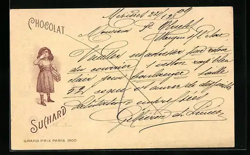 AK Chocolat Suchard, kleines Mädchen mit grosser Schachtel Schokolade