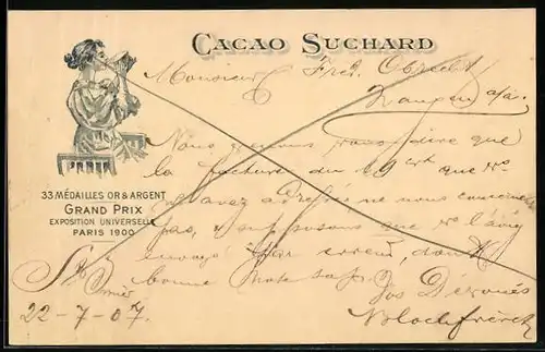 AK Chocolat Suchard, junge Frau trinkt eine Tasse heisser Schokolade