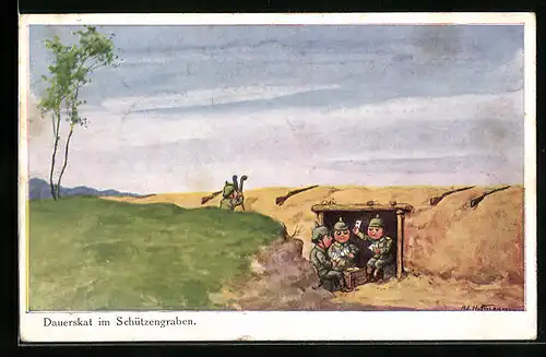 Künstler-AK Ad. Hoffmann: Dauerskat im Schützengraben, Soldaten spielen Karten