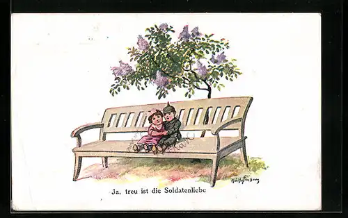 Künstler-AK Ad. Hoffmann: Ja, treu ist die Soldatenliebe, Soldat sitzt mit seiner Liebsten auf einer Parkbank