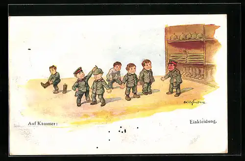 Künstler-AK Ad. Hoffmann: Auf Kammer: Einkleidung, Soldaten holen sich Uniformen aus der Kleiderkammer