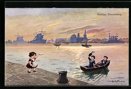 Künstler-AK Ad. Hoffmann: Seelige Erwartung, Mädchen winkt zwei Matrosen im Ruderboot zu, Kriegsschiffe im Hintergrund