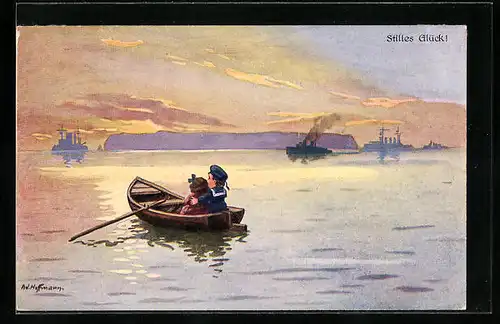 Künstler-AK Ad. Hoffmann: Stilles Glück!, Matrose blickt mit seiner Liebsten auf Kriegsschiffe bei Sonnenuntergang