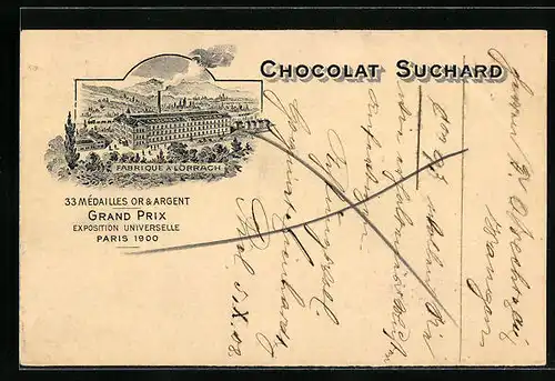 AK Lörrach, Reklame für Chocolat Suchard, Fabrikansicht Lörrach, Paris Grand Prix 1900, Ganzsache