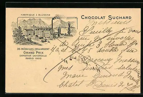 AK Lörrach, Reklame für Chocolat Suchard, Fabrikansicht Lörrach, Paris Grand Prix 1900, Ganzsache